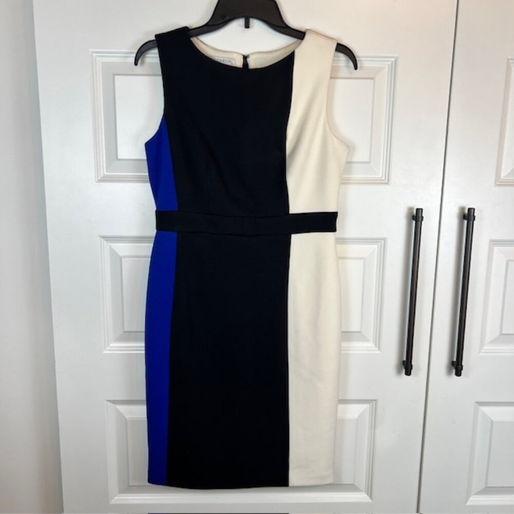 Maggy London Petites Colorblock Sheath Dress 10P Black Ivory Blue Sleeveless Wor - Picture 2 of 6